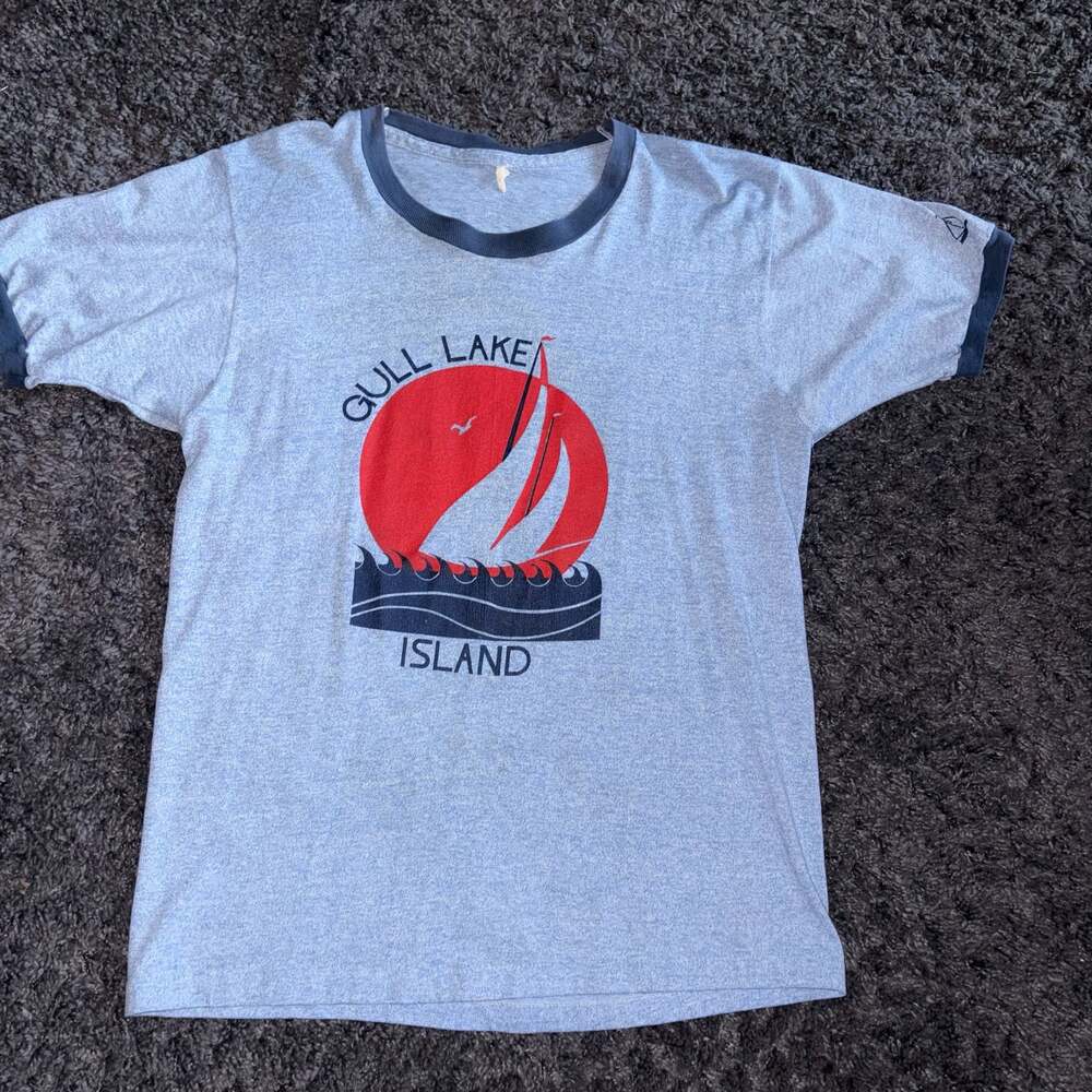 Vintage Gull Lake Island Nautical Sailboat Ringer T-Shirt